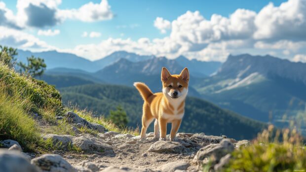 A Shiba Inu puppy with a fluffy tail, standing on a rocky path with mountains in the background.