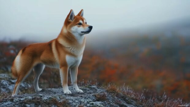 A Shiba Inu standing confidently on a hiking trail, Dog background for PC.