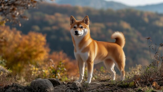 A Shiba Inu standing confidently on a hiking trail, with a scenic view in the background.