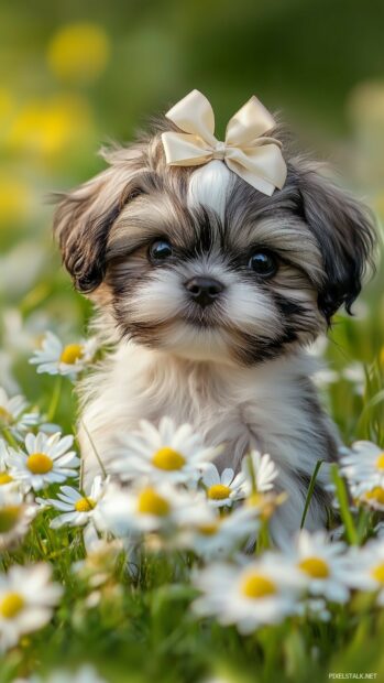 A Shih Tzu dog  with a ribbon in its hair, standing in a field of daisies.