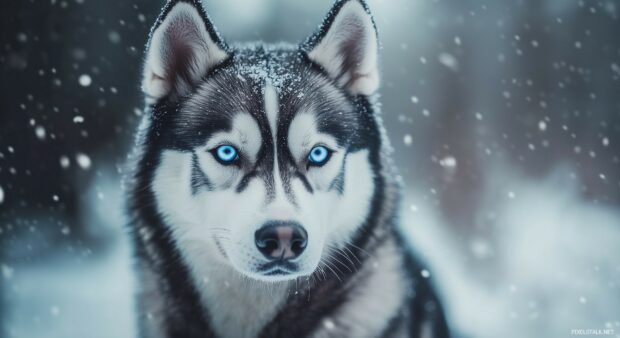 A Siberian Husky Black and white dog HD wallpaper with piercing blue eyes, standing in a snowy landscape.