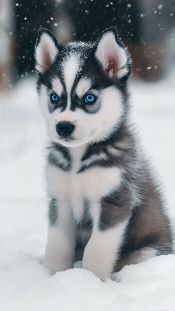 A Siberian Husky Dog wallpaper for phone with bright blue eyes, sitting in a snowy landscape.