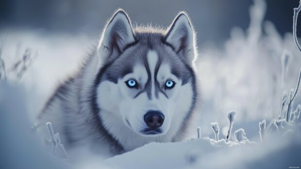 A Siberian Husky with piercing blue eyes, standing in a snowy landscape.