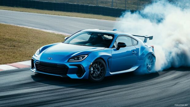 A Subaru BRZ executing a smooth drift through a series of tight turns on a racetrack, with smoke billowing from the tires.