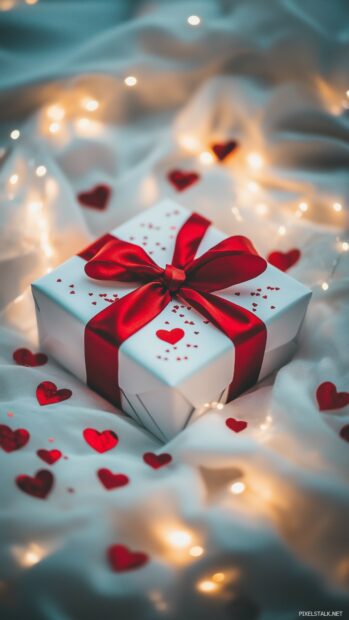 A Valentines gift box wrapped in red ribbon, surrounded by tiny heart confetti and soft fairy lights.