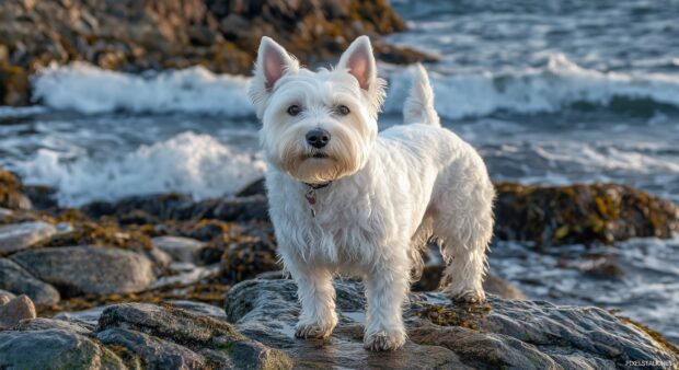 A West Highland White Terrier standing on a rocky shore, with the ocean waves behind.