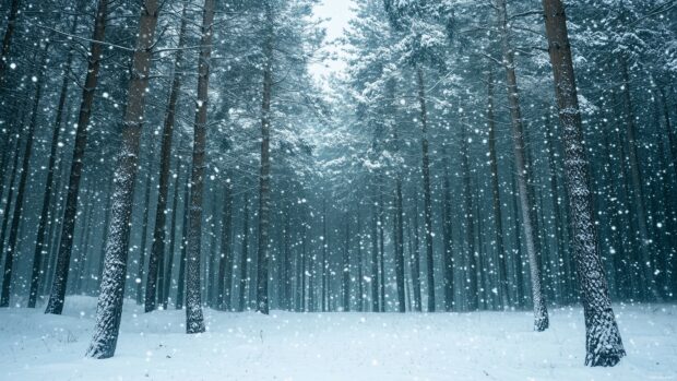 A Winter Forest Desktop Wallpaper with snow covered ground, towering trees with frosted branches, and a gentle snowfall creating a serene, tranquil scene.