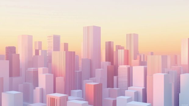 A basic cityscapeK desktop wallpaper with simple geometric building shapes and soft pastel hues.