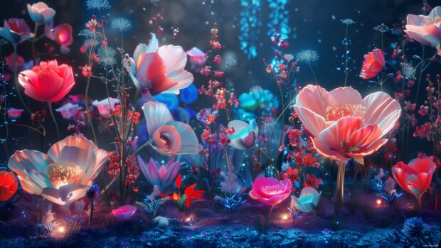 A beautiful 3D fantasy scene with flowers of unusual shapes and vibrant, glowing colors.