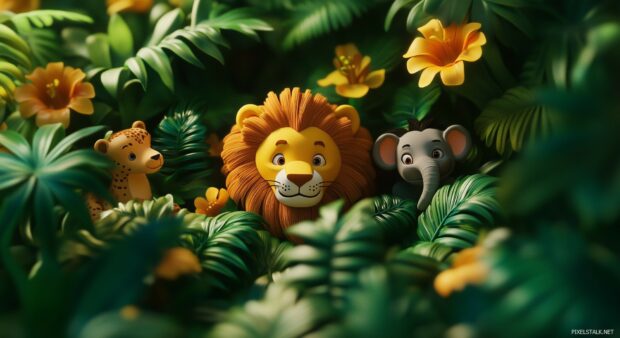 A beautiful 3D jungle desktop wallpaper with cute animals like lions, monkeys, and elephants peeking through lush greenery.