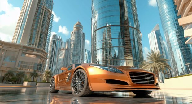 A beautiful 3D sports car parked near a glass skyscraper.