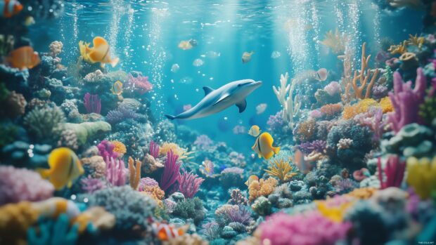 A beautiful 3D underwater world with colorful fish, coral reefs, and friendly dolphins, creating an enchanting and educational ocean themed wallpaper.