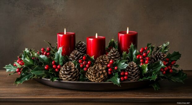 A beautiful Christmas centerpiece with candles, pinecones, and holly.