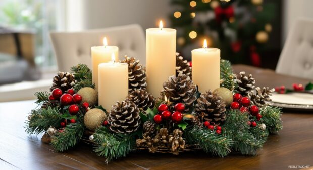 A beautiful Christmas centerpiece with candles, pinecones, and holly.