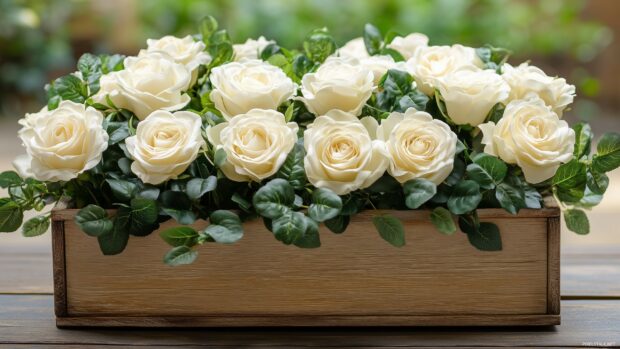 A beautiful arrangement of white roses and greenery in a rustic wooden box.