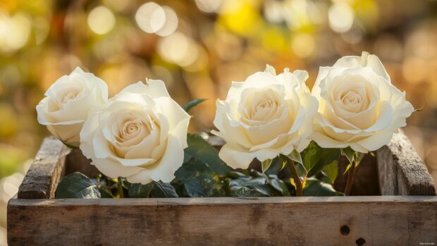 A beautiful arrangement of white roses and greenery in a rustic wooden box, set against a soft.