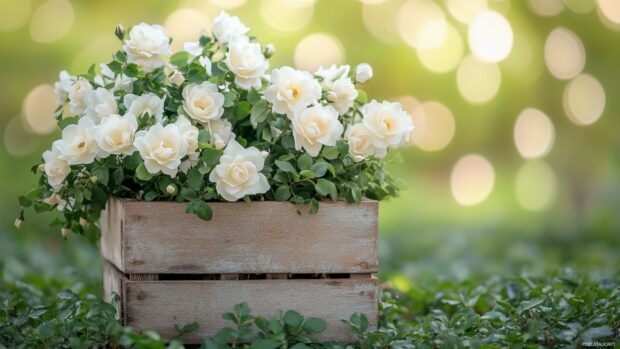 A beautiful arrangement of white roses and greenery in a rustic wooden box, set against a soft, blurred background.