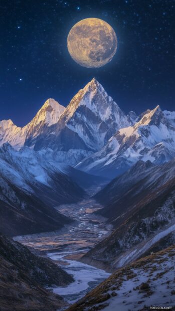 A beautiful moon glowing brightly above a serene mountain range, casting soft light on the rugged peaks and gentle valleys.