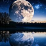 A beautiful moon reflecting on the surface of a still lake, with silhouettes of trees in the background and stars twinkling overhead.