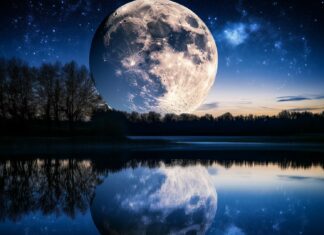 A beautiful moon reflecting on the surface of a still lake, with silhouettes of trees in the background and stars twinkling overhead.