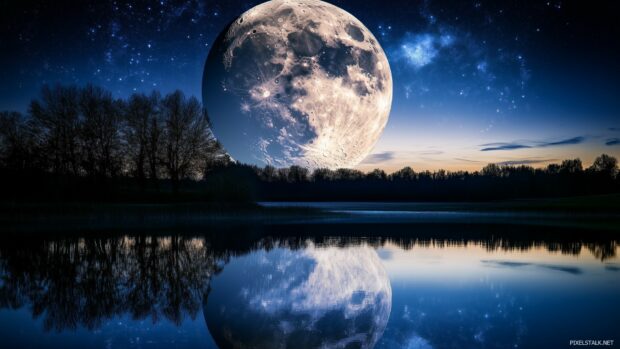 A beautiful moon reflecting on the surface of a still lake, with silhouettes of trees in the background and stars twinkling overhead.