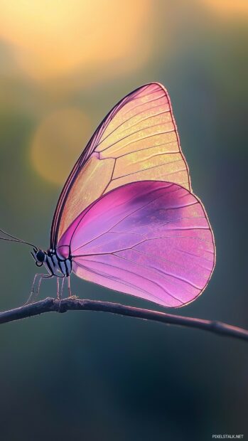 A beautiful pink butterfly iPhone wallpaper with translucent wings gently perched on a branch.