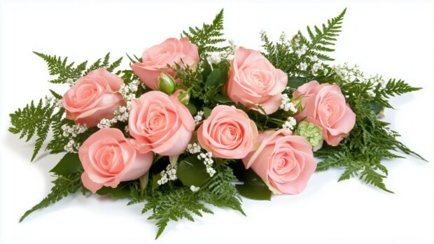 A beautiful pink rose bouquet artfully arranged, with hints of greenery.