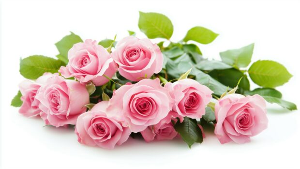 A beautiful pink rose bouquet artfully arranged, with hints of greenery, set against a clean white background, highlighting the elegance and charm of the flowers.