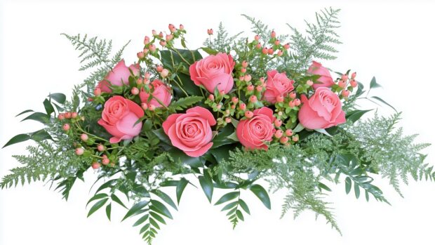 A beautiful pink rose bouquet artfully arranged, with hints of greenery, set against a white background.