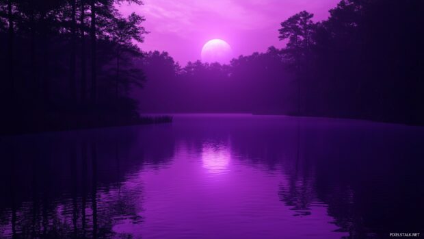 A beautiful purple moon glowing softly over a calm forest lake, its light casting an ethereal purple hue on the water, with silhouettes of trees along the shore.