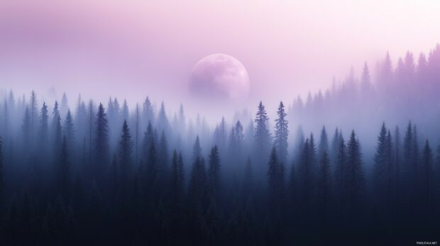 A beautiful purple moon hanging low in the sky above a dark, misty forest.