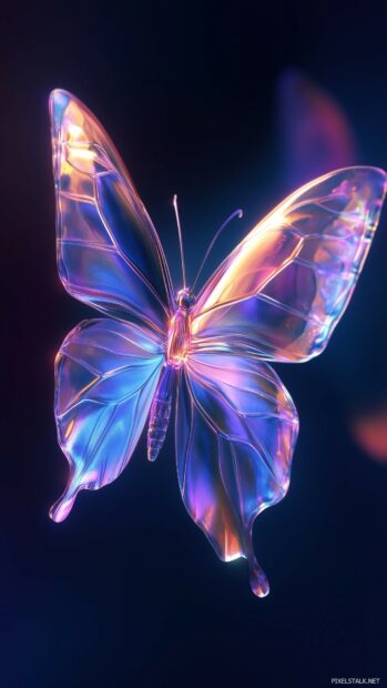 A beautiful radiant 3D butterfly with translucent wings, gracefully suspended in a minimalist, softly lit space, creating a sense of beauty and elegance.