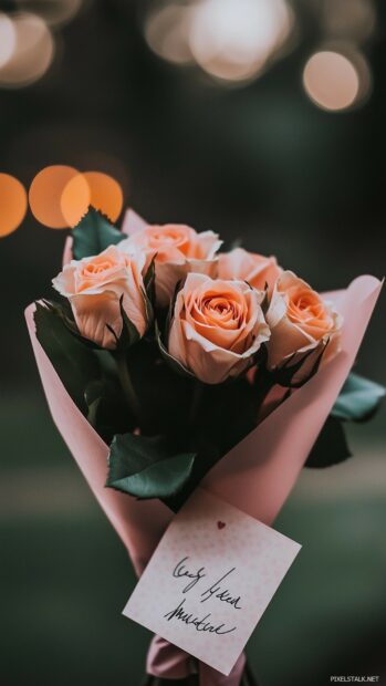 A beautiful rose bouquet wrapped in pink paper.