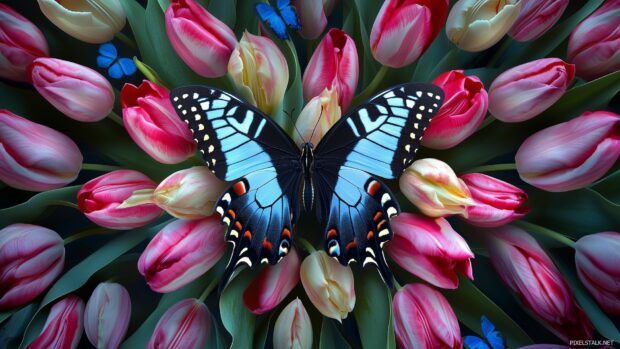 A beautiful, symmetrical pattern of butterflies and tulips.