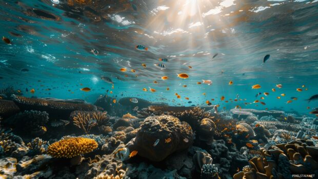 A beautiful underwater desktop wallpaper 1920x1080 with colorful coral reefs and tropical fish.