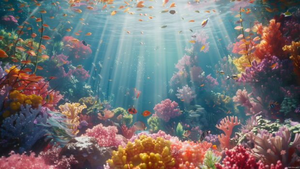 A beautiful underwater scene 4K desktop wallpaper with colorful coral reefs and tropical fish.