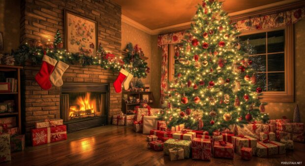 A beautifully Christmas tree with sparkling lights and colorful ornaments, surrounded by wrapped gifts and a glowing fireplace.