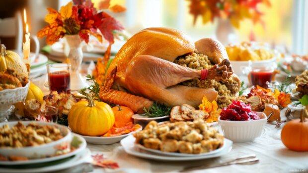 A beautifully arranged Thanksgiving dinner table with a golden turkey, stuffing, cranberry sauce, and various side dishes.