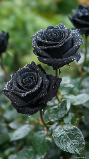 A beautifully arranged bouquet of black roses intertwined with deep green leaves, placed in a vintage glass vase.