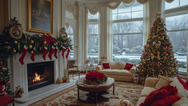 A beautifully decorated living room with a fireplace as the centerpiece.