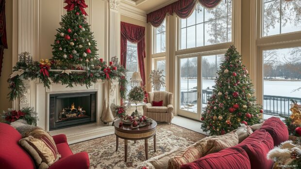 A beautifully decorated living room with a fireplace as the centerpiece, featuring a lush Christmas tree.