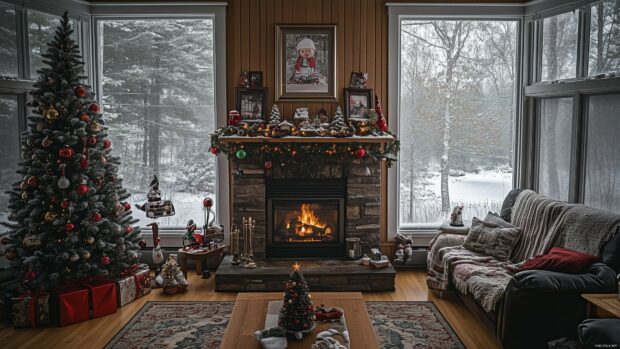 A beautifully decorated living room with a fireplace as the centerpiece, featuring a lush Christmas tree, festive ornaments.