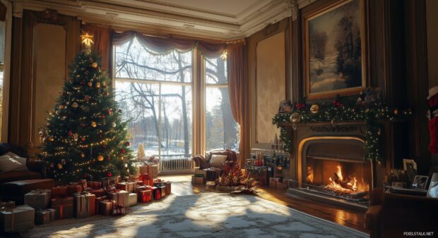 A beautifully decorated living room with a fireplace as the centerpiece, featuring a lush Christmas tree, festive ornaments, and a serene snowy view outside the window.