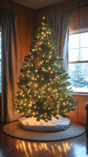 A beautifully lit Christmas tree with minimal ornaments and a simple garland.