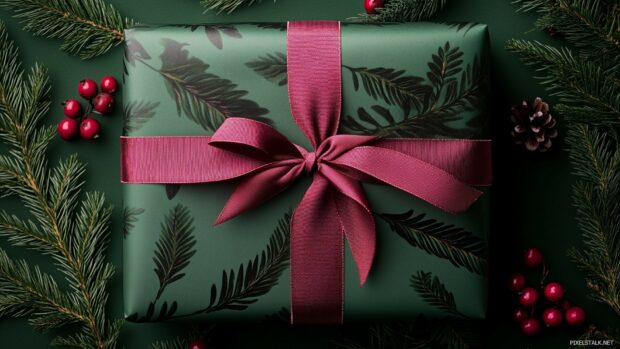 A beautifully wrapped Christmas gift with a simple, elegant ribbon.