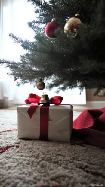 A beautifully wrapped gift with a red ribbon and a bell on top, placed under a Christmas tree.