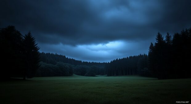 A black and white forest landscape with stark silhouettes of trees against a dark, brooding sky.