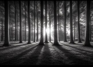 A black and white forest wallpaper with towering trees and deep shadows.