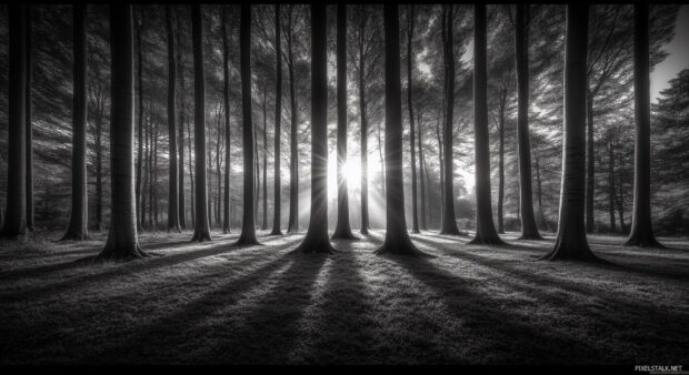 A black and white forest wallpaper with towering trees and deep shadows.