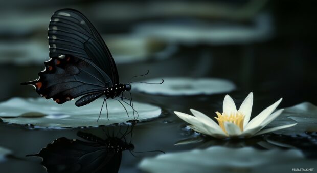 A black butterfly fluttering above a dark, tranquil pond.